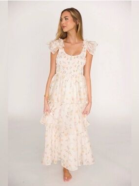 Smocked Cream Floral Maxi Dress with Ruffle Straps